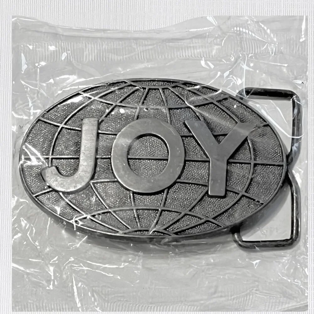 VTG Joy Mining Belt Buckle Pewter Tone Gray Metal Oval Globe Company Logo Mens
